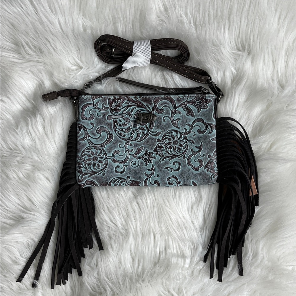 🆕 JUSTIN WOMEN'S CROSSBODY BAG TURQUOISE TOOLED SUNFLOWER PATTERN FRINGE - Picture 2 of 11